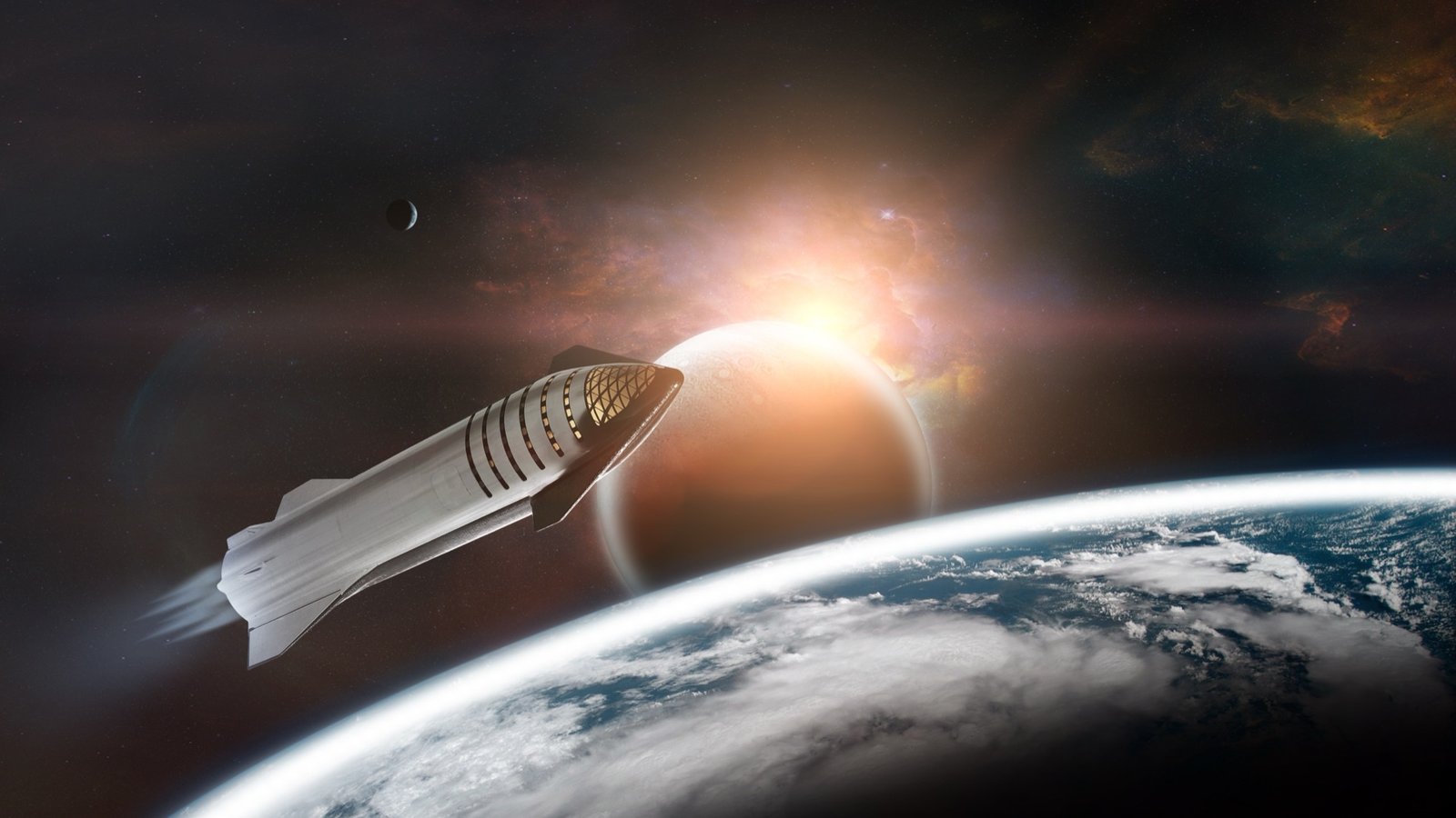 Starship raketa nad Zemí, v pozadí Měsíc a Slunce
