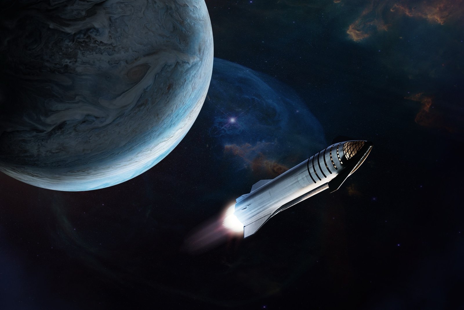 Starship raketa směřující k vzdálené planetě